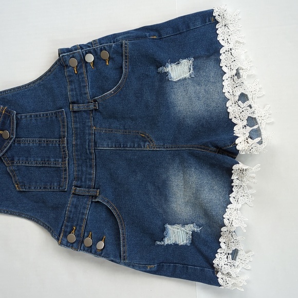 Distressed Embroidered Floral Jean Short Overalls M Blue Y2K Shortalls - Picture 4 of 14